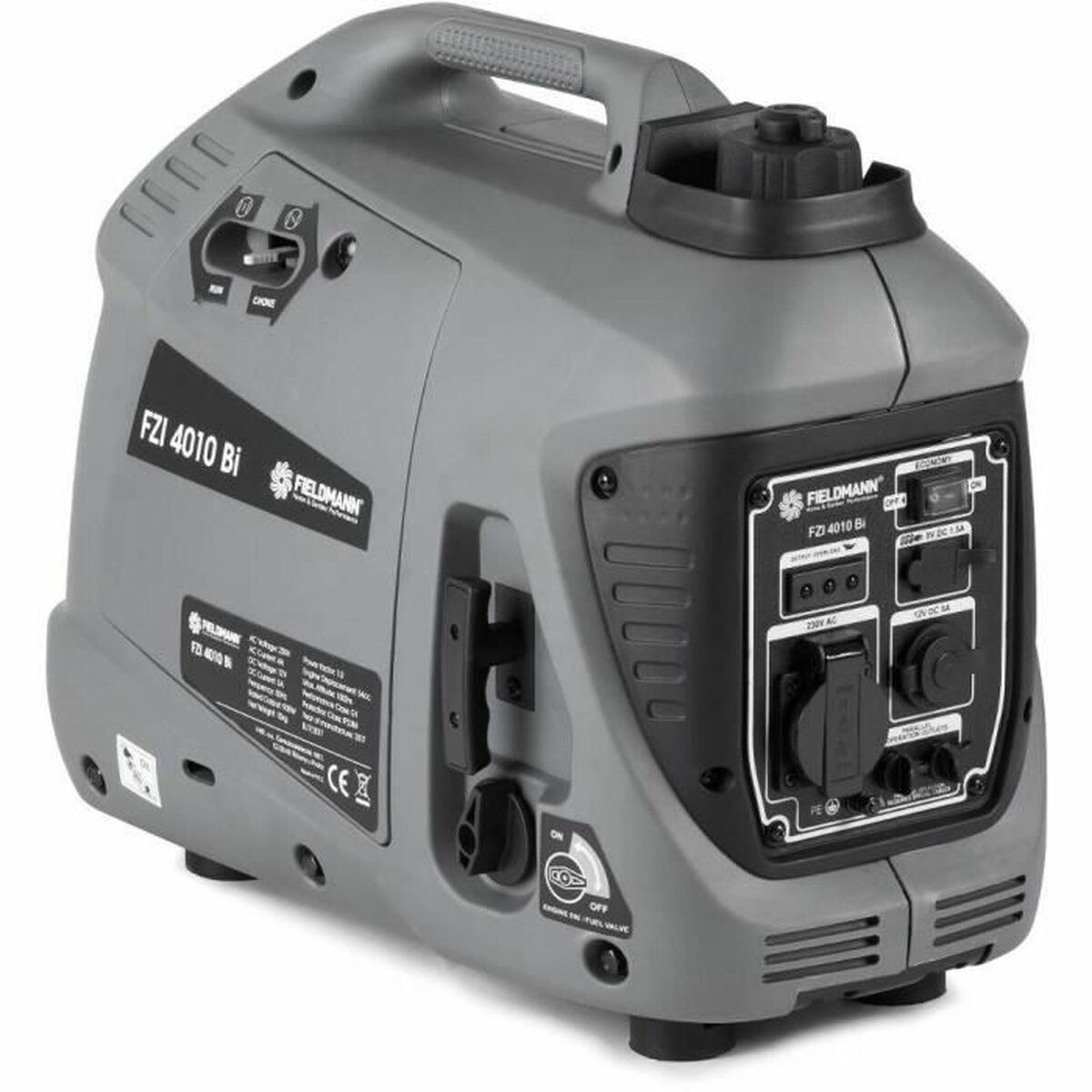Fieldmann FZI 4010-Bi inverter aggregaat schuin van voren op witte achtergrond met zichtbaar bedieningspaneel en draaggreep