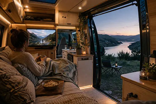 Persoon ontspant in een sfeervolle camper met uitzicht op meer en bergen bij schemering