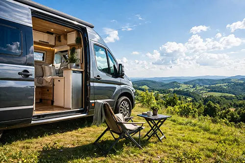 Donkere camperbus met open schuifdeur op een heuveltop, met zitplek buiten en uitzicht over een groen heuvellandschap