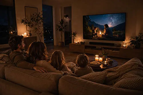 "Gezin zit samen op de bank in een warm verlichte woonkamer bij kaarslicht en kijkt televisie tijdens een stroomuitval.
