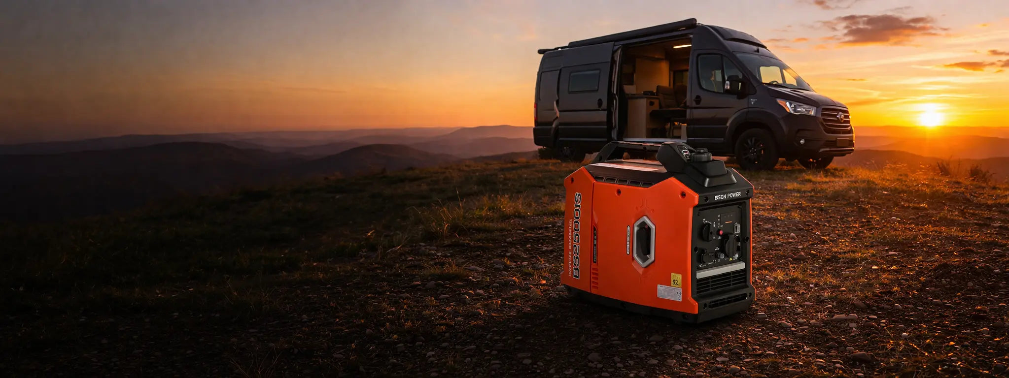 Inverter aggregaat voor een camperbus op een heuvel bij zonsondergang, met uitzicht over een bergachtig landschap.