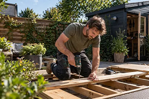 Man bouwt houten vlonder in de tuin, met open zwarte tuinschuur en groene erfafscheiding op de achtergrond