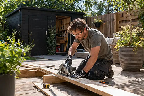 Man zaagt houten balk op een terras in de tuin, met zwarte tuinschuur en werkmateriaal op de achtergrond