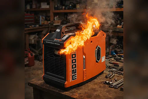nverter aggregaat op een werkbank met vlammen en rook in een werkplaats