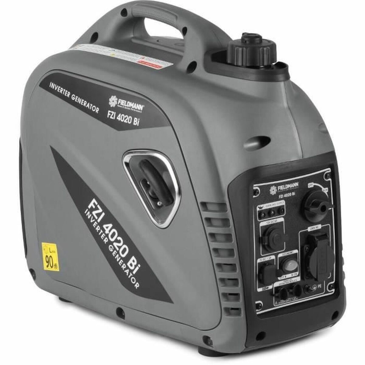 Fieldmann FZI 4020-Bi inverter aggregaat schuin van voren op witte achtergrond met draaggreep en bedieningspaneel