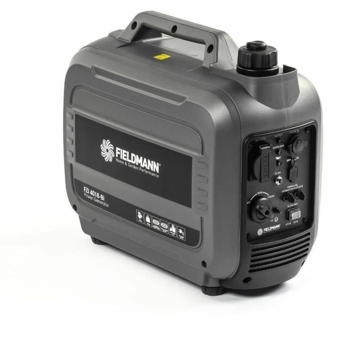 Fieldmann FZI 4018-Bi inverter aggregaat schuin van voren op witte achtergrond met draaggreep en brandstoftankdop