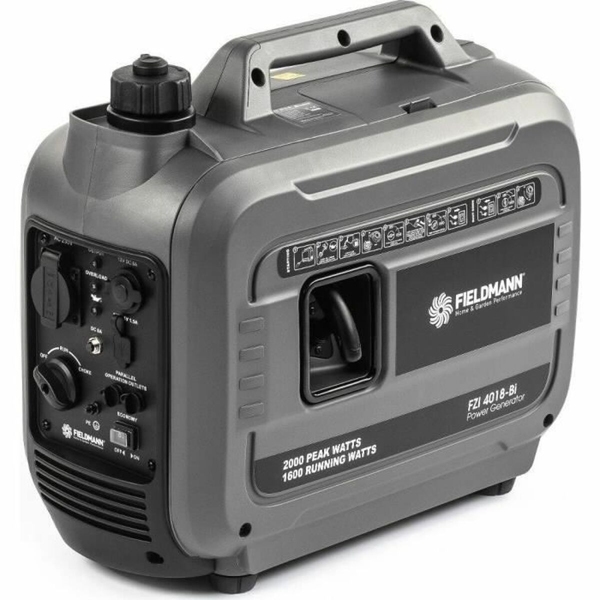 Fieldmann FZI 4018-Bi inverter aggregaat schuin van voren op witte achtergrond met zijhandgreep en bedieningspaneel