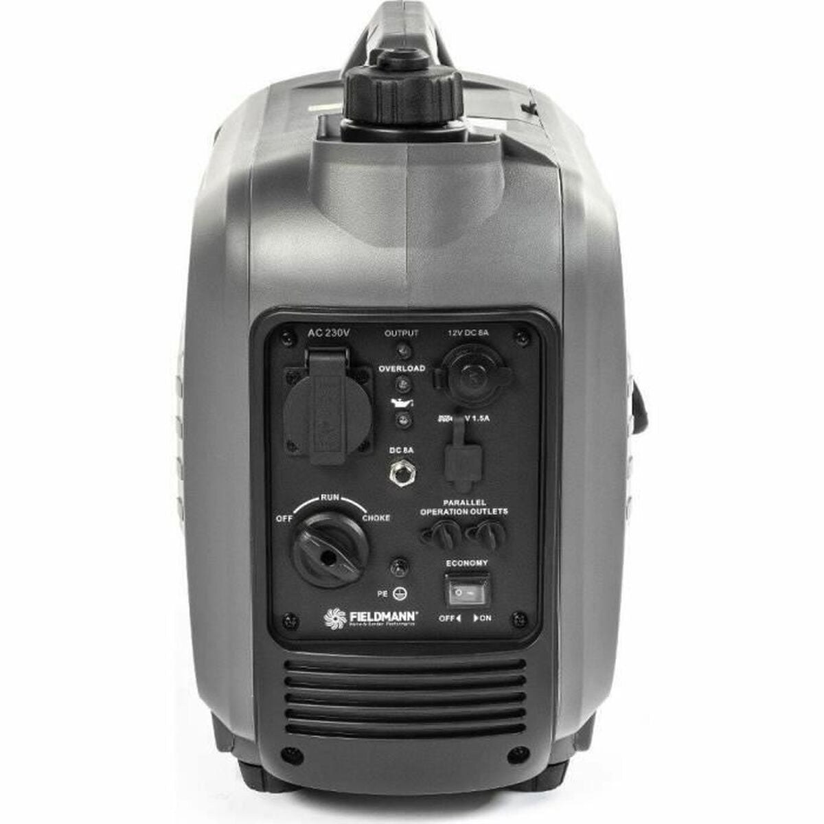 Fieldmann FZI 4018-Bi inverter aggregaat recht van voren op witte achtergrond met aansluitpaneel