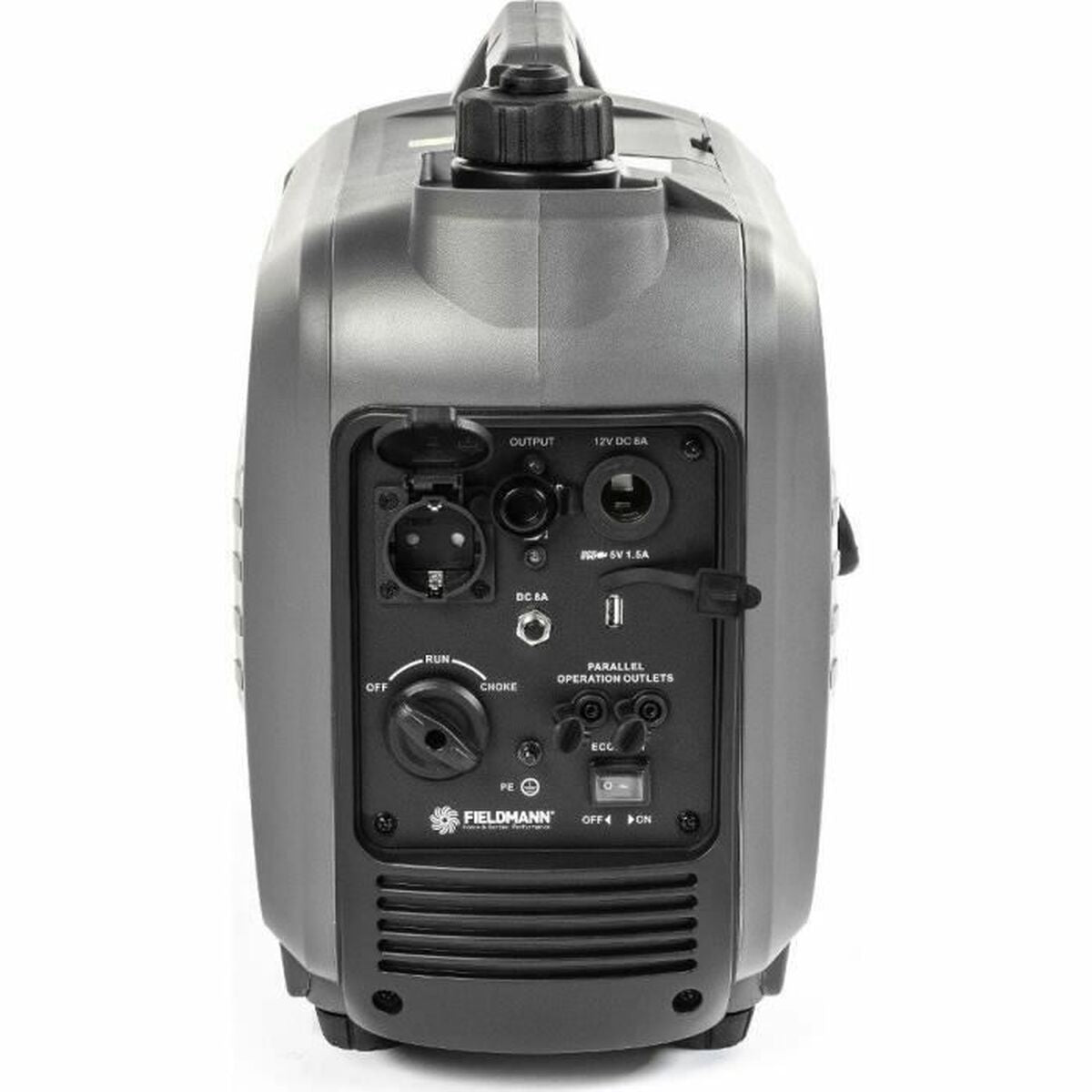 Fieldmann FZI 4018-Bi inverter aggregaat recht van voren op witte achtergrond met geopende aansluitingen