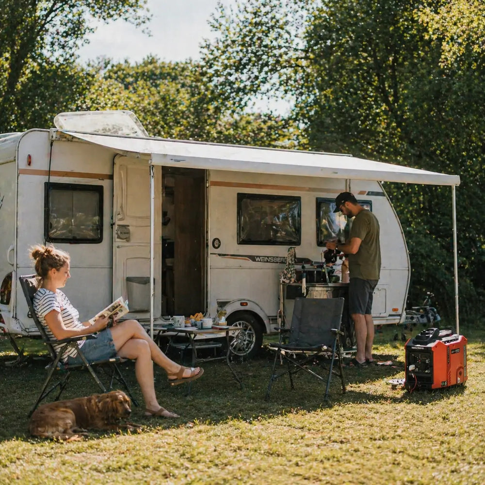 Inverter aggregaat naast een caravan op een zonnige camping, gebruikt als stroomvoorziening voor een ontspannen buitenopstelling.