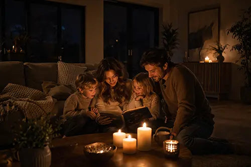 Gezin leest samen bij kaarslicht in een sfeervolle woonkamer tijdens de avond
