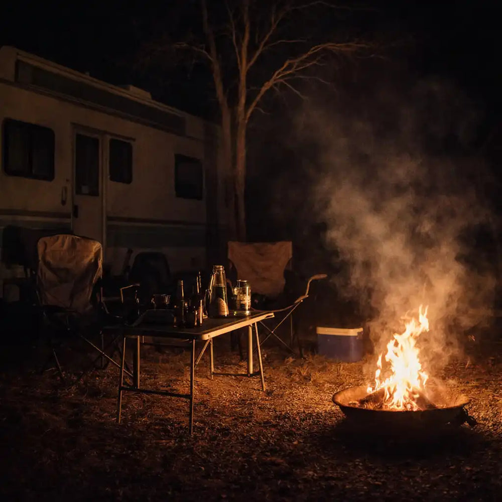 Sfeervolle camping bij nacht met caravan, kampvuur en zitplek in de buitenlucht