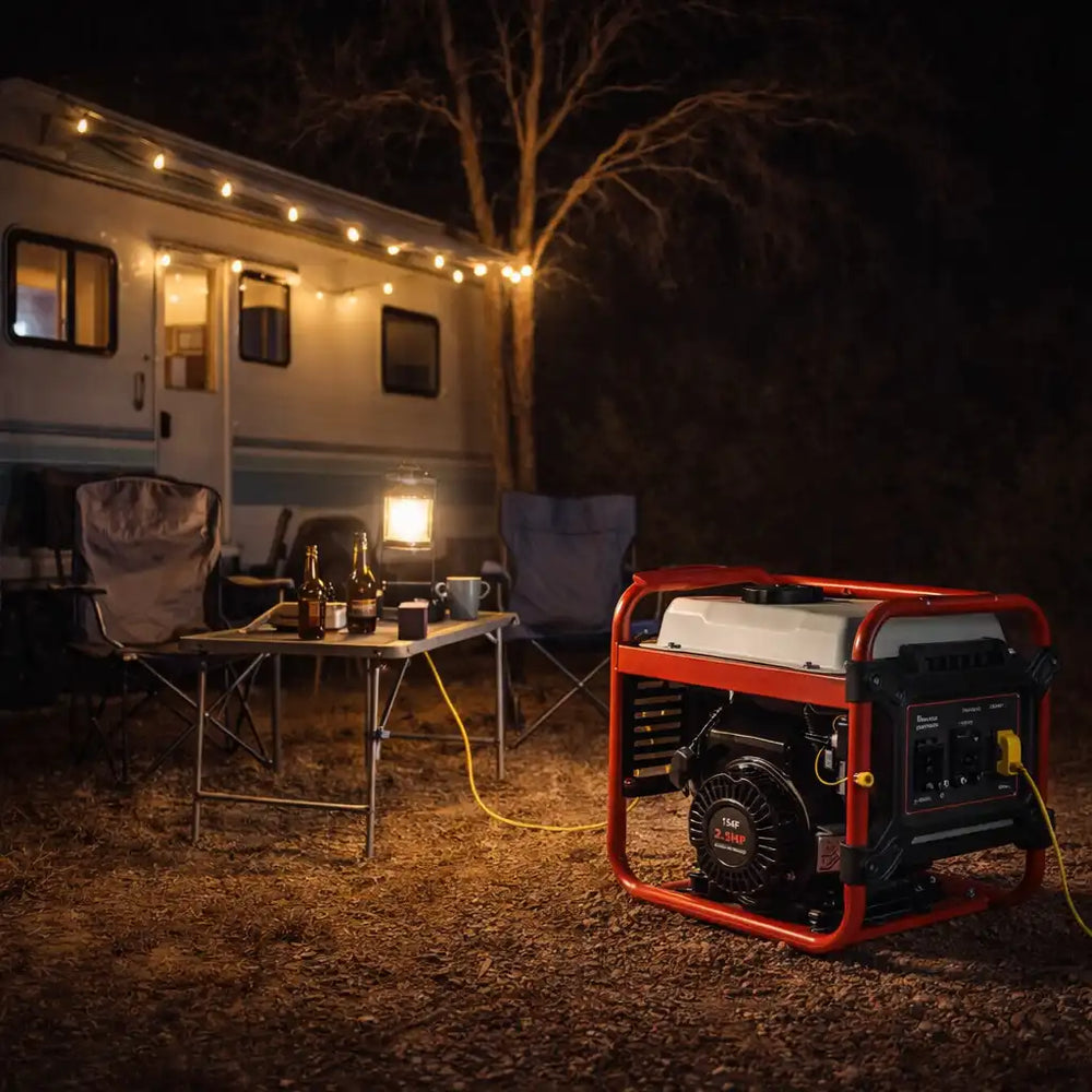 Invergi BS1500i inverter aggregaat op een camping bij nacht naast caravan en buitenverlichting