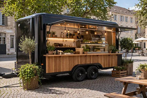 Zwarte verkoopwagen met open uitgifteklep op een sfeervol marktplein, ingericht met houten details en planten
